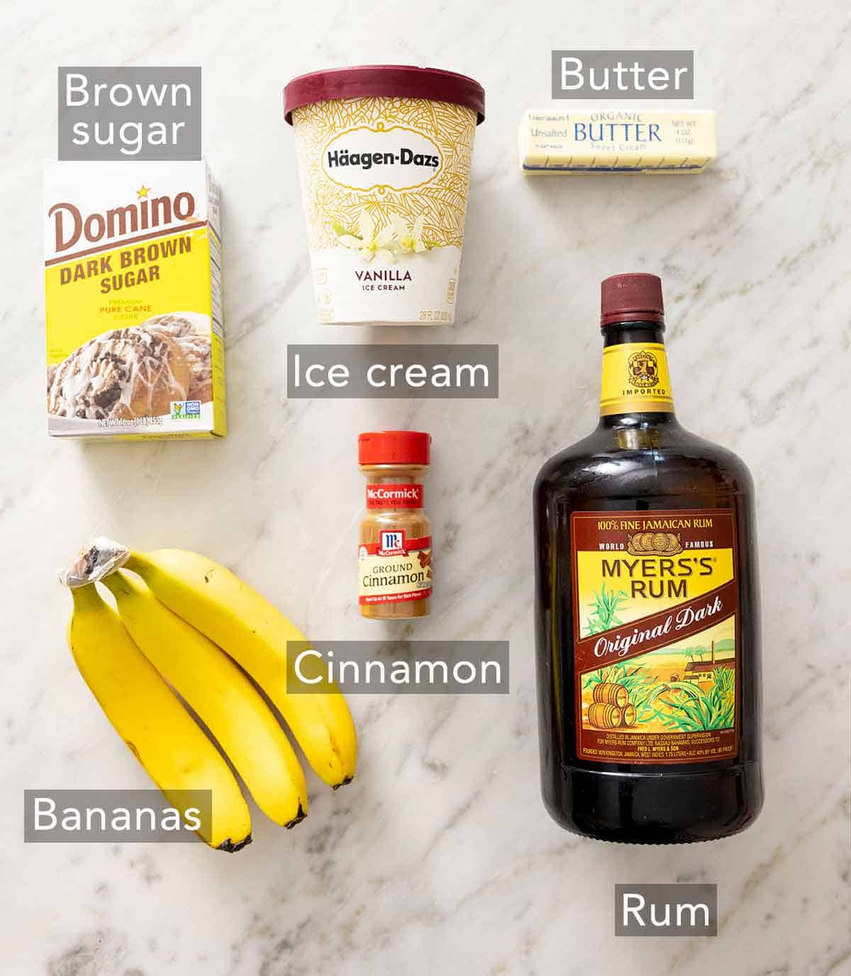 Ingredients needed to make a Banana Foster.