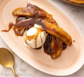 Pinterest graphic of an oval plate with a serving of Banana Foster.