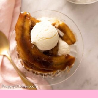 Pinterest graphic of the overhead view of a bowl of Banana Foster.