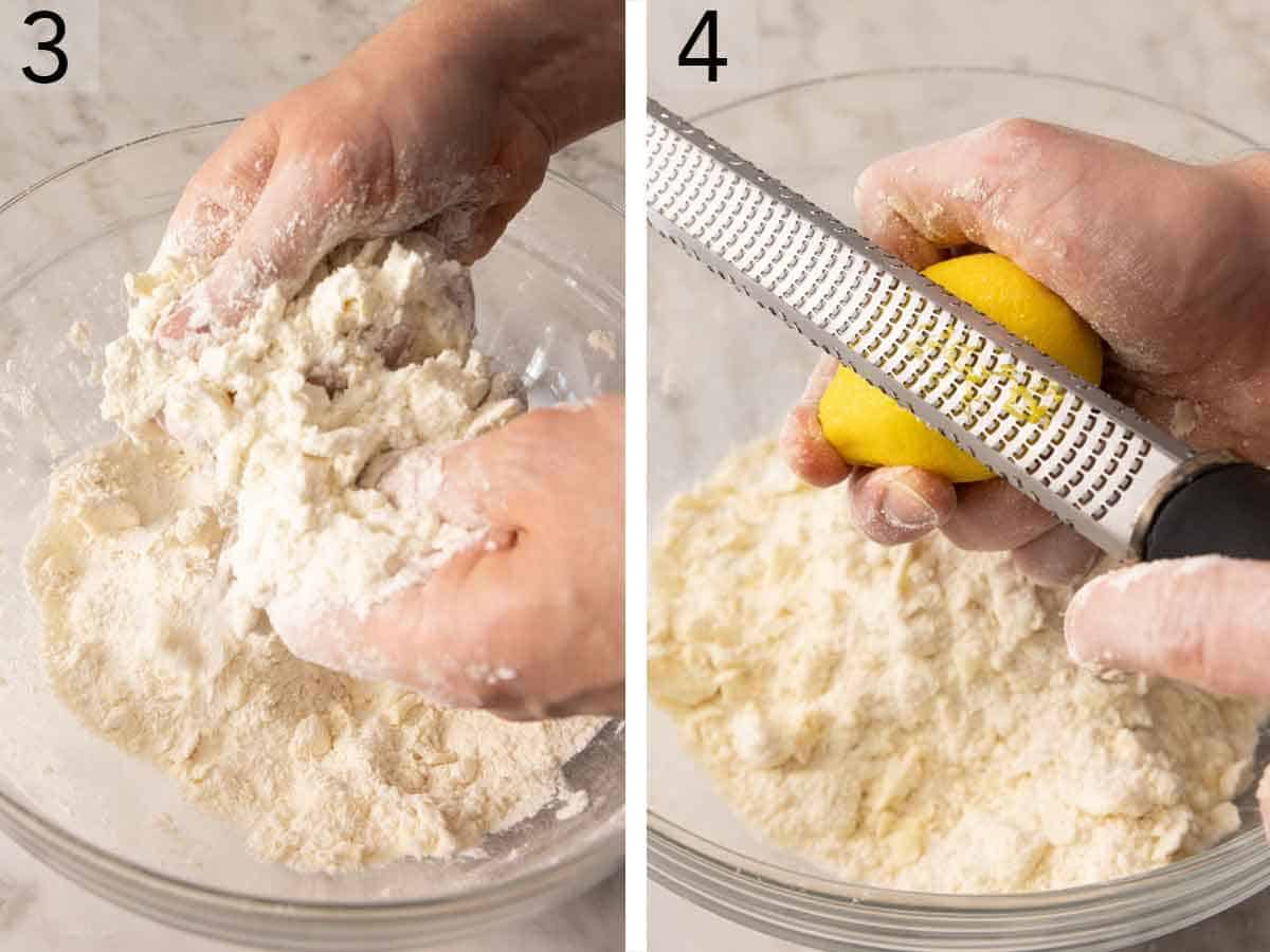 Set of two photos showing the butter pressed into the dry ingredients and a lemon being zested.