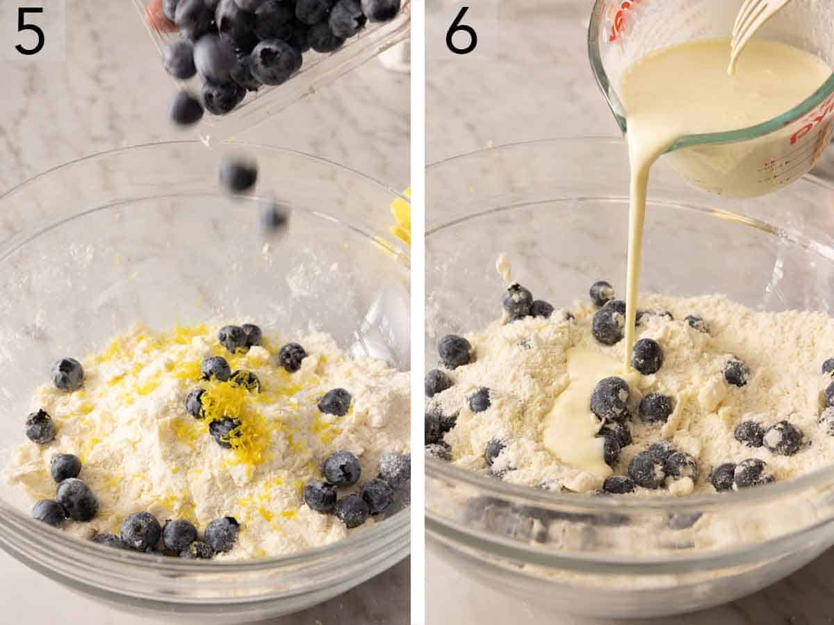 Set of two photos showing blueberries added to the bowl and wet ingredients poured in.