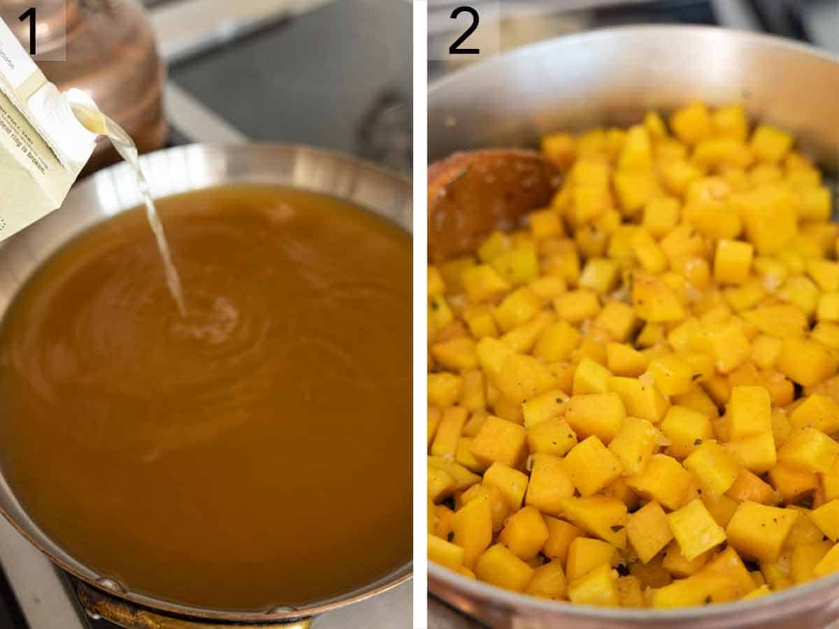 Set of two photos showing broth and butternut squash added to a pan.