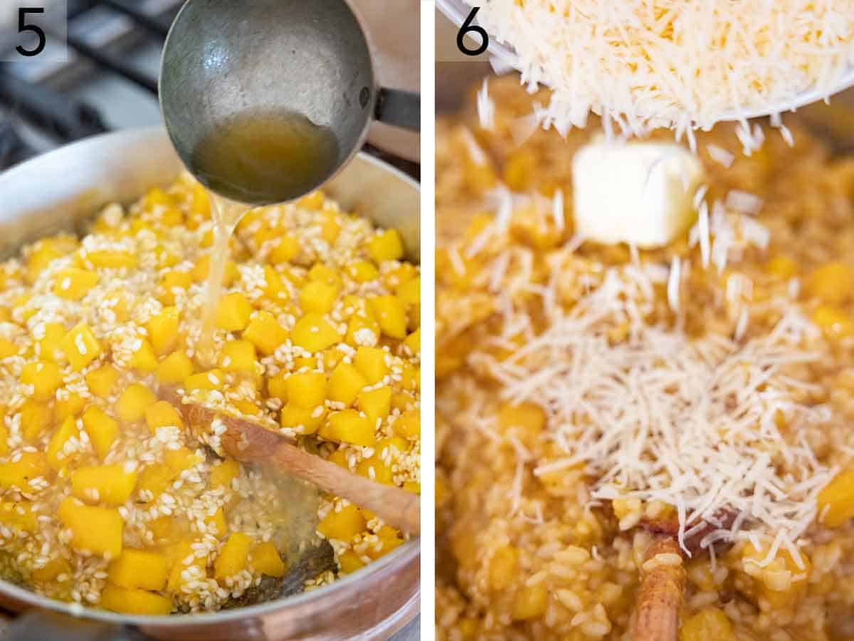 Set of two photos showing broth and cheese added to the pan.