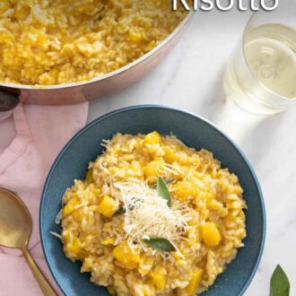 Pinterest graphic of an overhead view of a bowl of butternut squash risotto by a pot of more risotto.