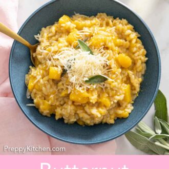 Pinterest graphic of a bowl of butternut squash risotto with sage beside it.