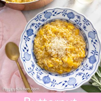 Pinterest graphic of a bowl of butternut squash risotto with shedded cheese on top.
