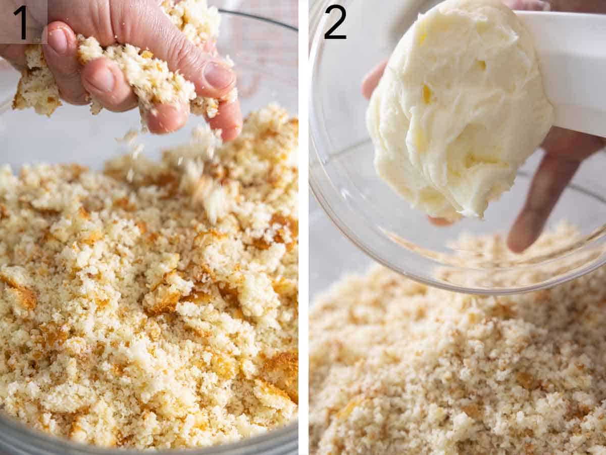 Set of two photos showing cake being crumbled then frosted added.