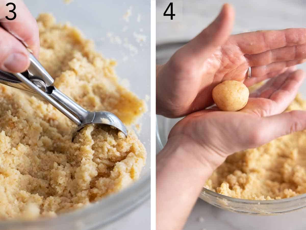 Set of two photos showing a cookie scoop scooping the cake before rolling.