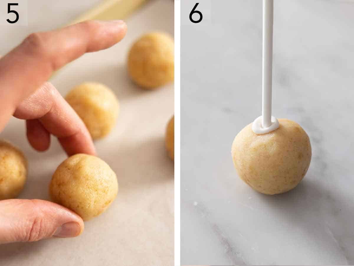 Set of two photos showing the balls placed on a lined sheet pan and then a lollipop stick inserted.