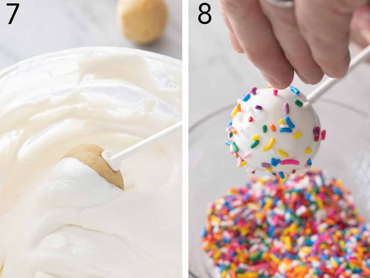 Set of two photos showing balls dipped in candy coating and topped with sprinkles.