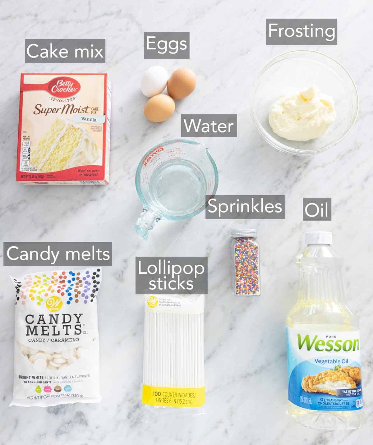 Ingredients needed to make cake pops.