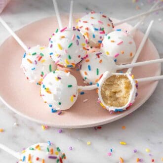 Pinterest graphic of a plate of cake pops with one with a bite taken out.