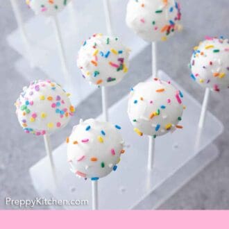 Pinterest graphic of cake pops in a cake stand, holding them up to dry.