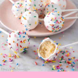 Pinterest graphic of a plate of cake pops with two in front, sprinkles strewn around.