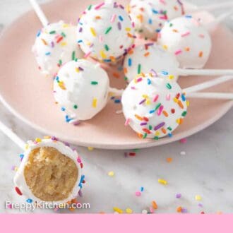 Pinterest graphic of a plate of cake pops with one in front, showing the interior.