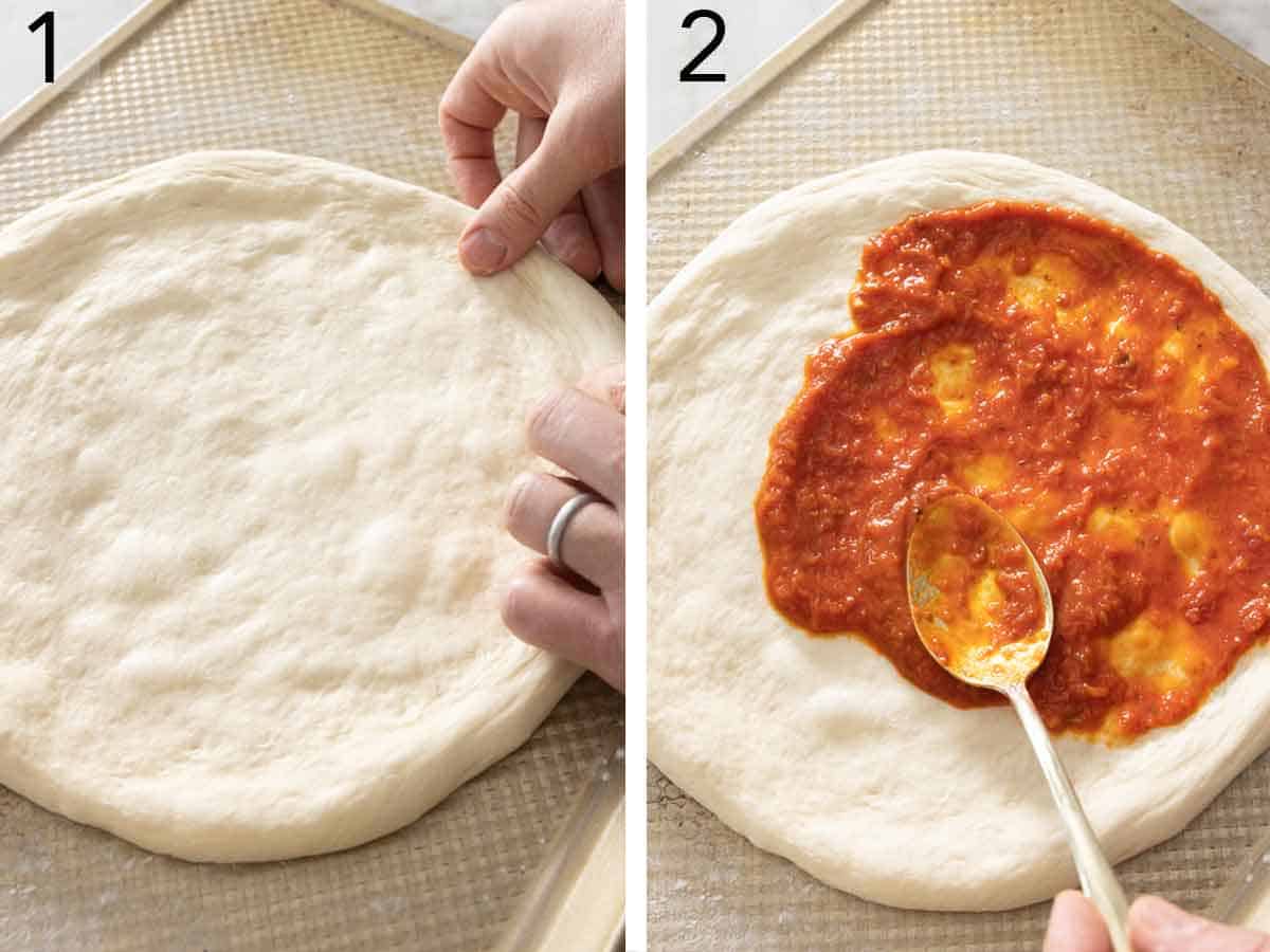 Set of two photos showing dough shaped into a circle and pizza sauce spread on top.