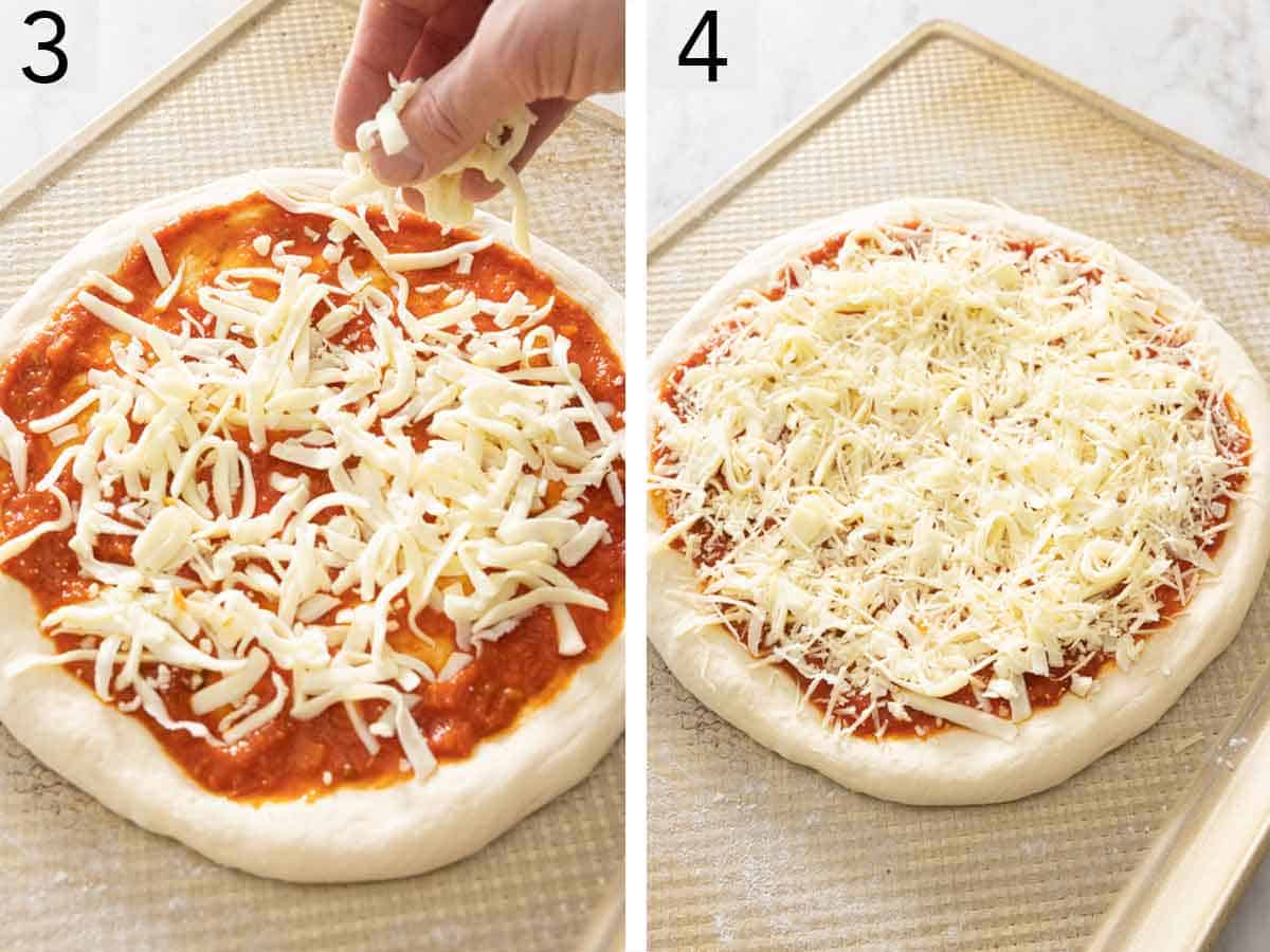 Set of two photo showing mozzarella added on top of the sauce and then topped with parmesan.