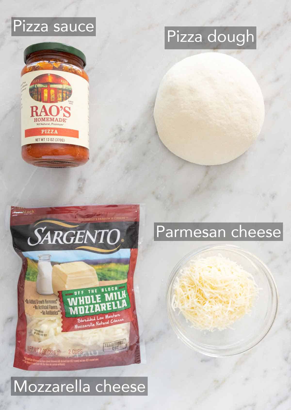 Ingredients needed to make a cheese pizza.