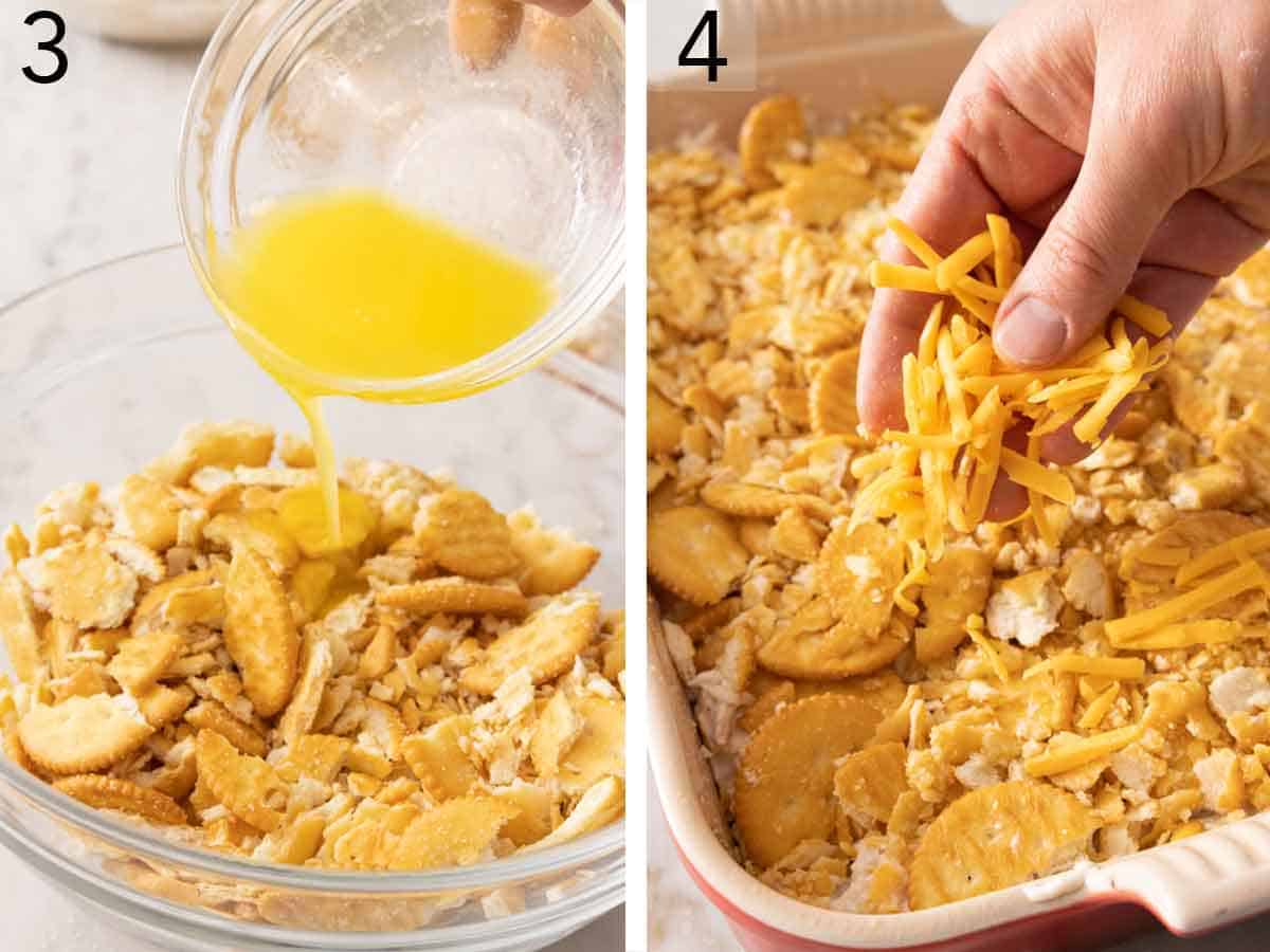 Set of two photos showing melted butter added to crushed crackers and then cheese added on top of the dish.