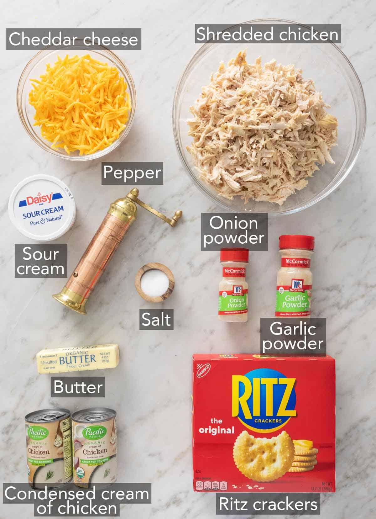 Ingredients needed to make a chicken casserole.