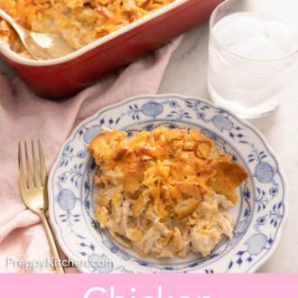 Pinterest graphic of a plate with a serving of chicken casserole.