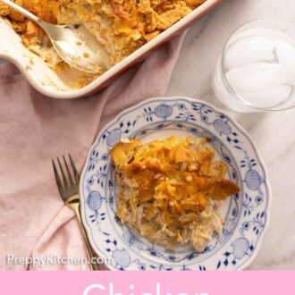 Pinterest graphic of a plate of chicken casserole beside the baking dish.