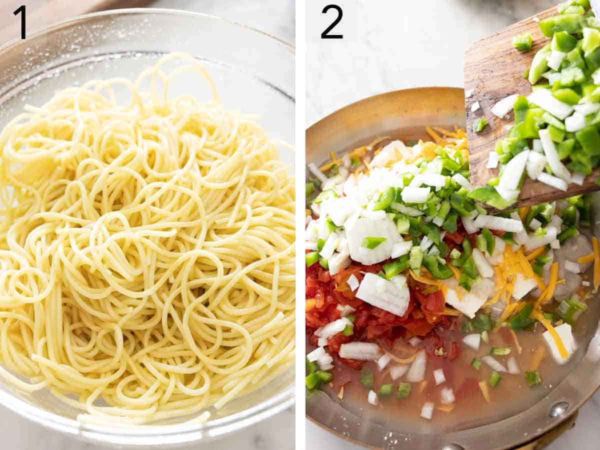Set of two photos showing spaghetti cooked and vegetables added to a pan.