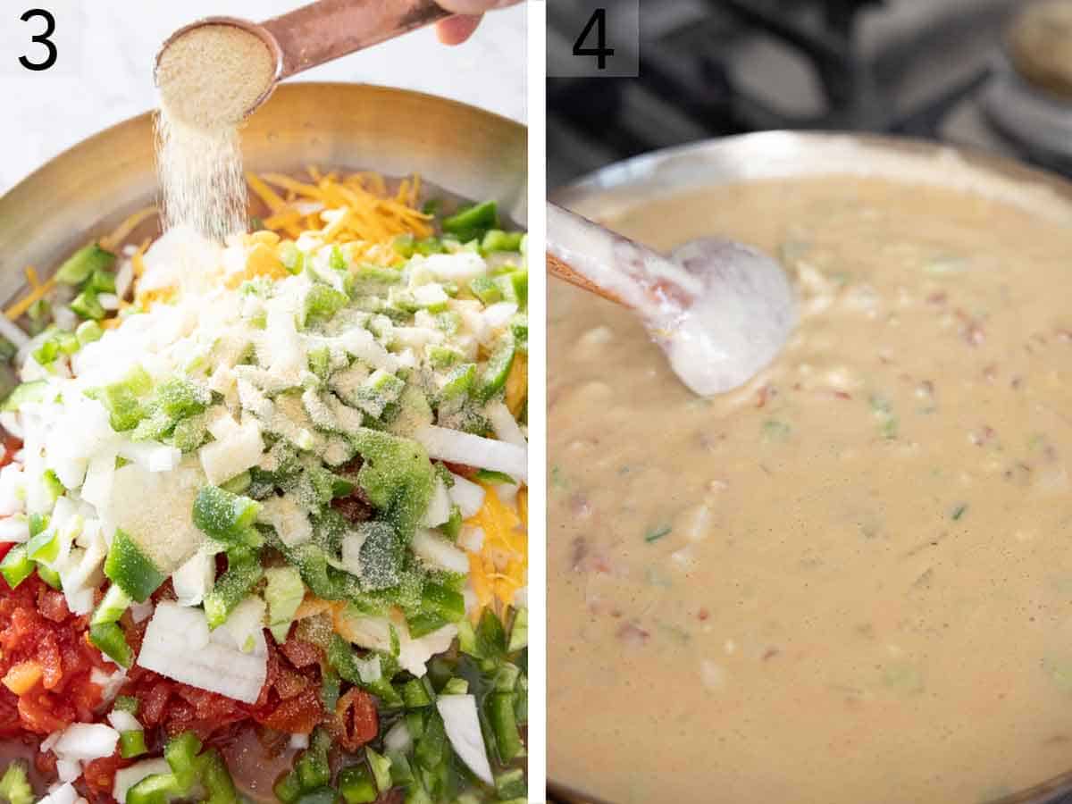 Set of two photos showing seasoning added to the pan and then liquid stirred in.