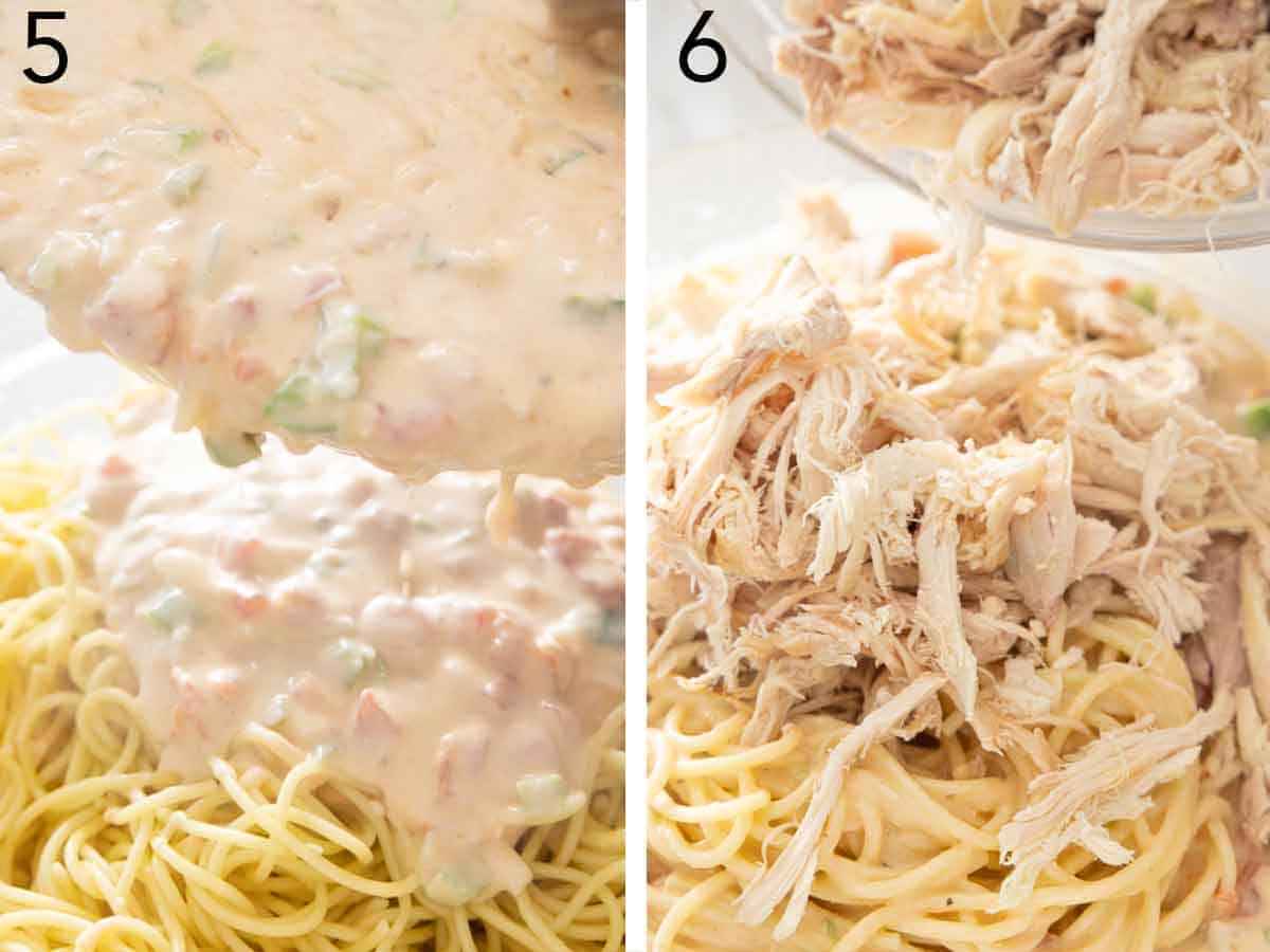 Set of two photo showing the mixture added to the spaghetti then chicken added.