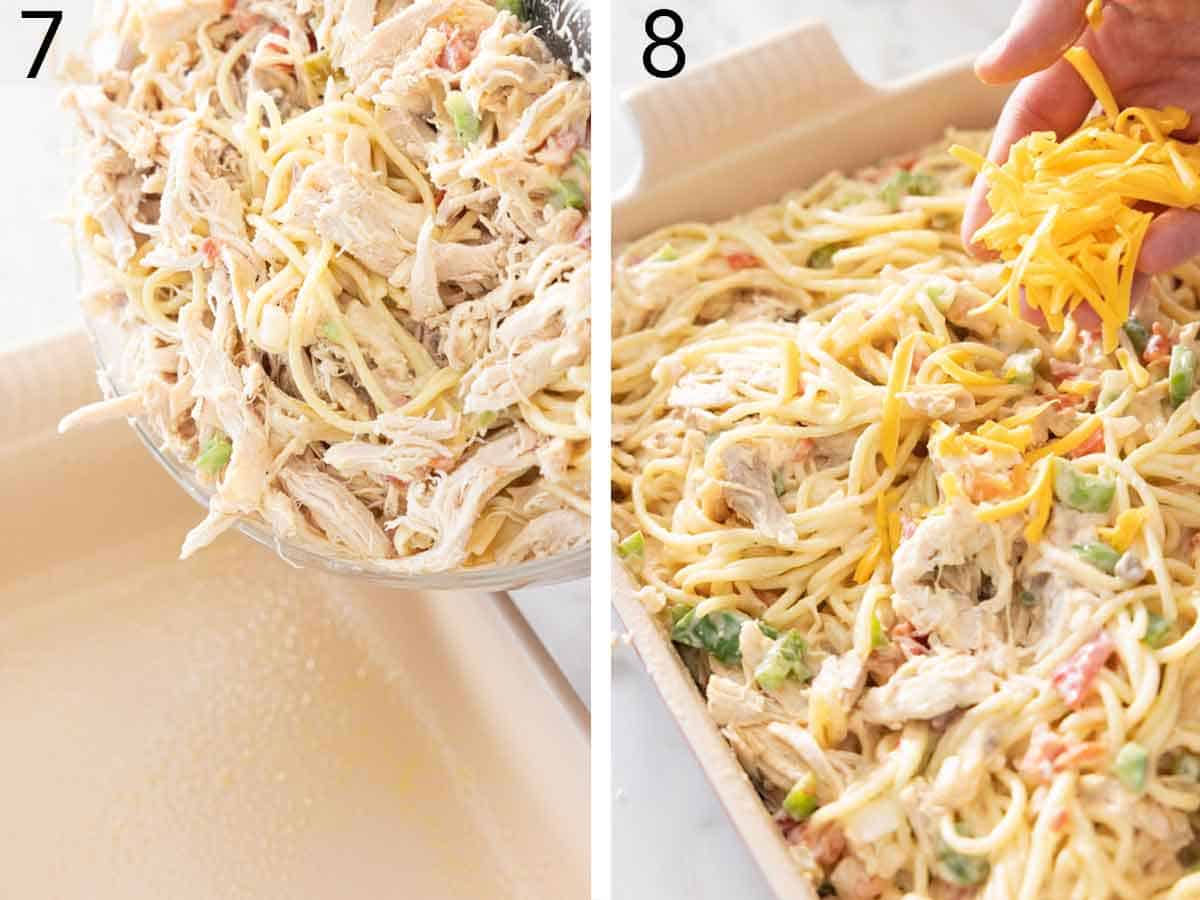 Set of two photos showing everything added to a casserole dish and topped with cheese.