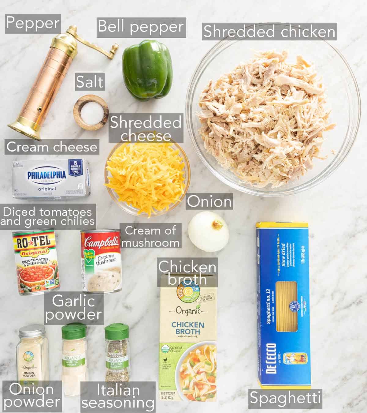 Ingredients needed to make chicken spaghetti.