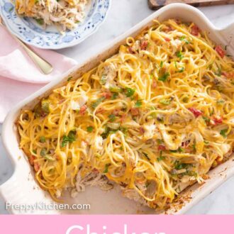 Pinterest graphic of a casserole dish and a plate with chicken spaghetti.