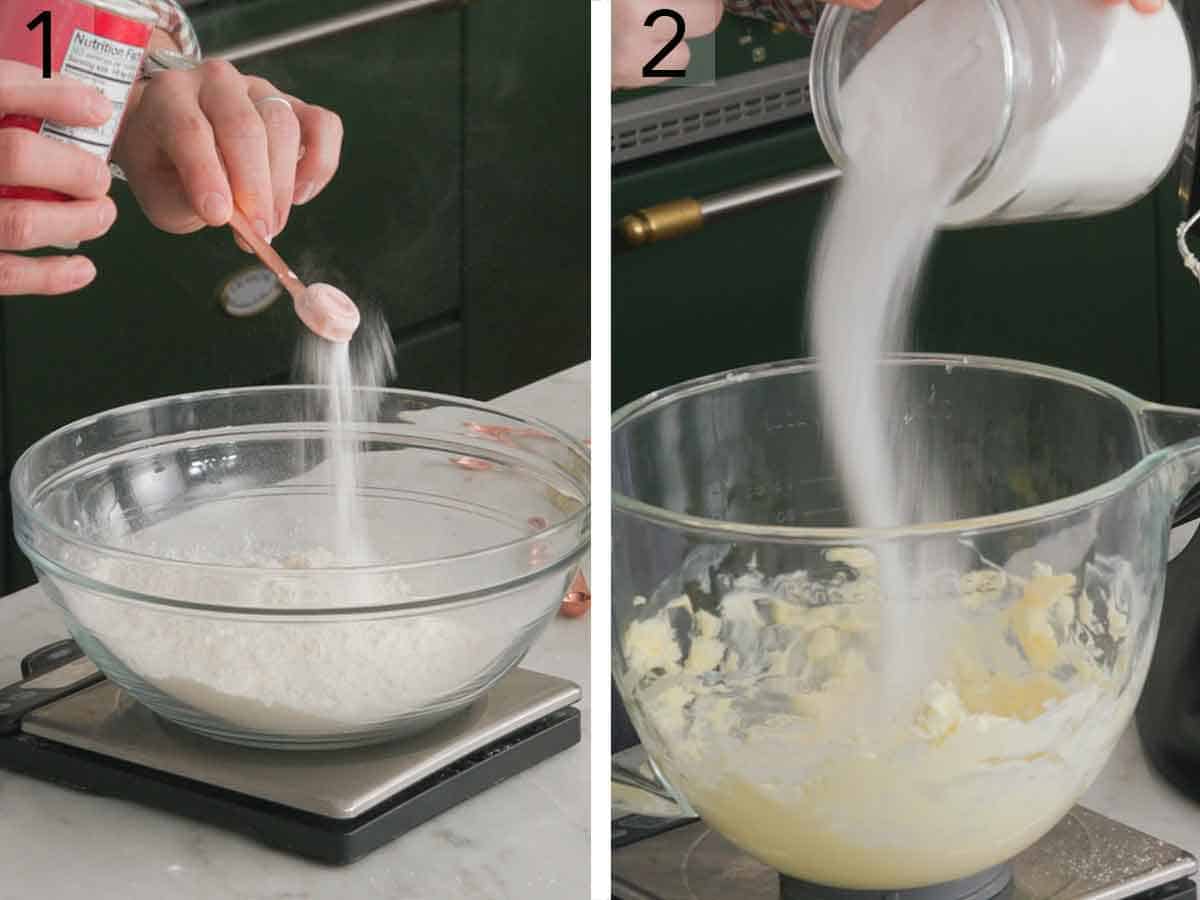 Set of two photos showing dry ingredients measured and butter creamed.