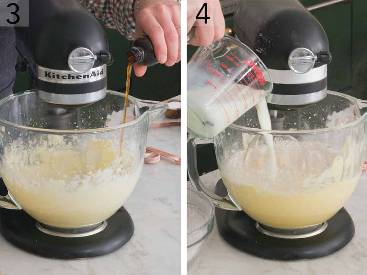 Set of two photos showing vanilla and buttermilk added to the mixer.