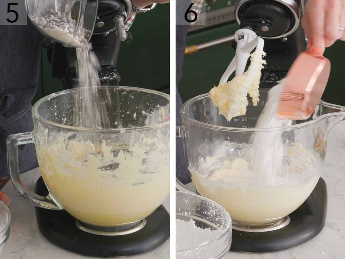 Set of two photos showing measured ingredients added to mixer and frosting being made.