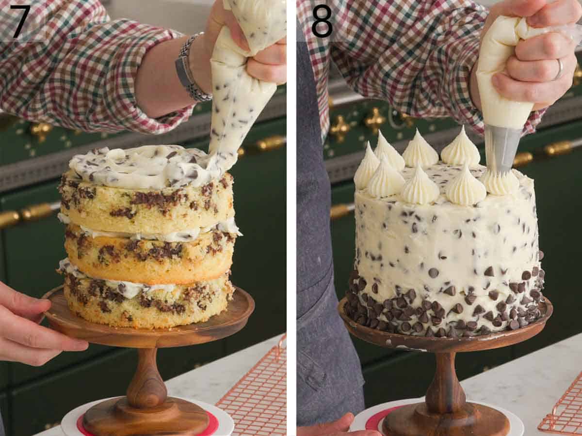 Set of two photos showing the cake being frosted and decorated.