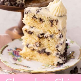 Pinterest graphic of a slice of chocolate chip cake.