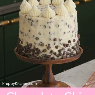 Pinterest graphic of a chocolate chip cake on a brown cake stand.