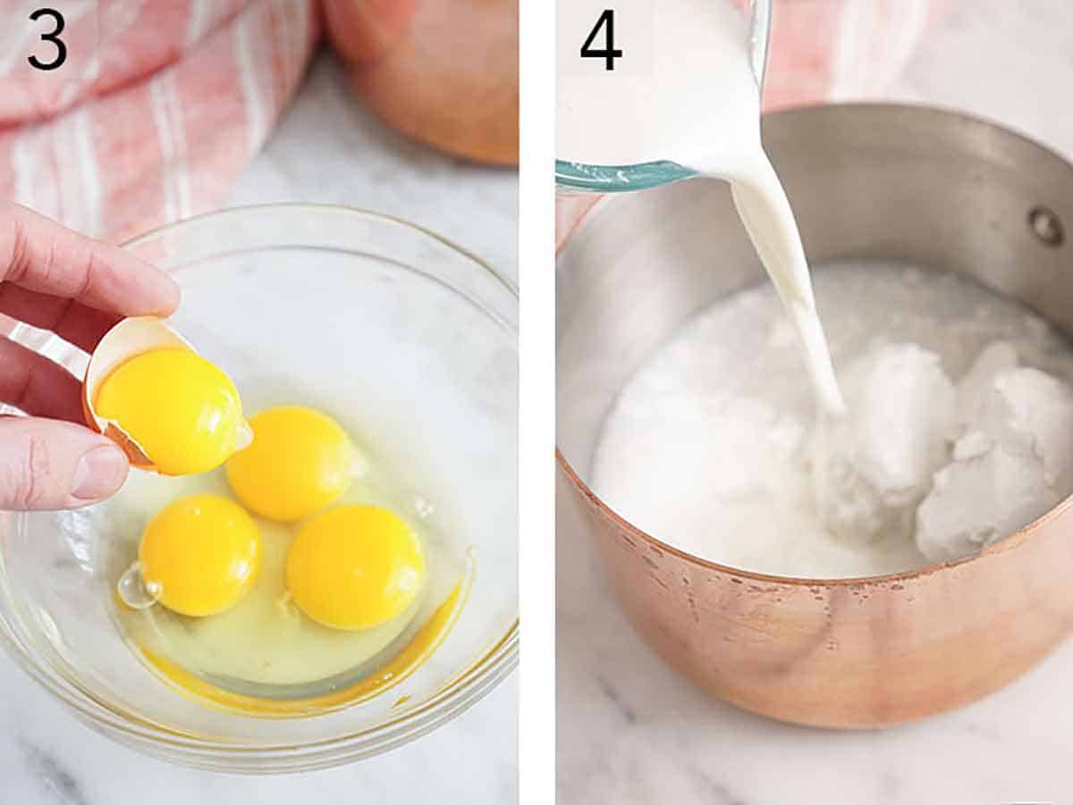 Set of two photos showing eggs yolks added to a bowl and coconut milk combined with milk.