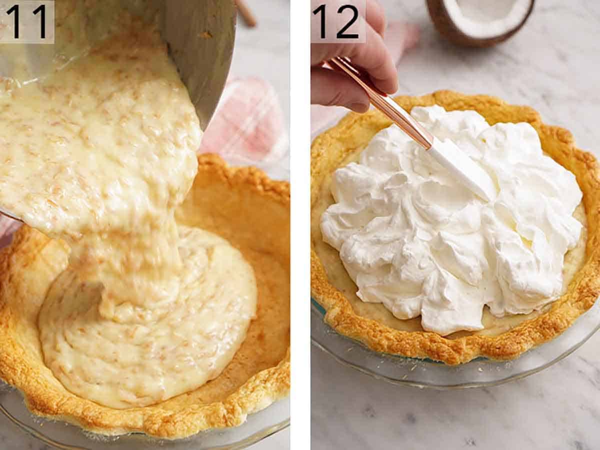 Set of two photos showing the mixture added to a baked pie crust and topped with whipped cream.