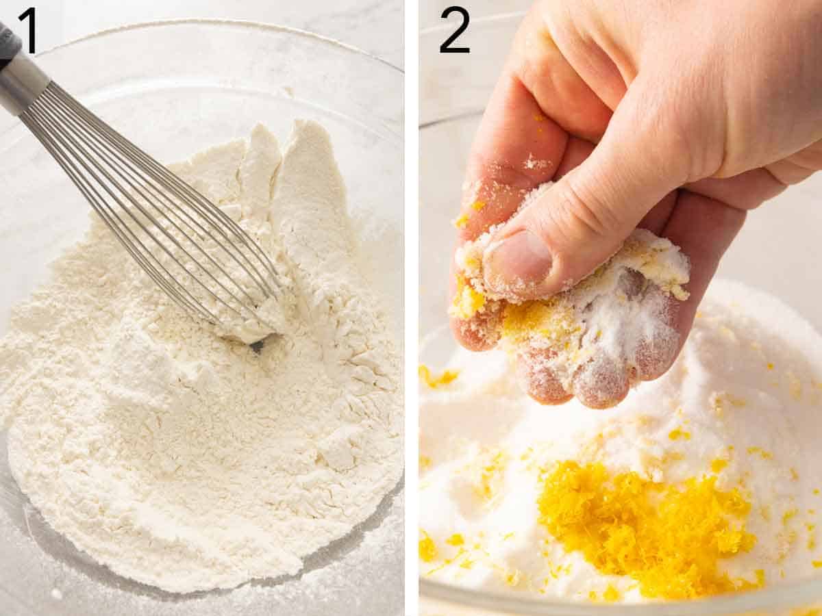 Set of two photos showing dry ingredients whisked and zest mixed into the sugar.