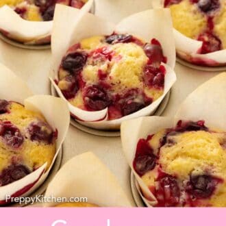 Pinterest graphic of cranberry orange muffins in a muffin tin.