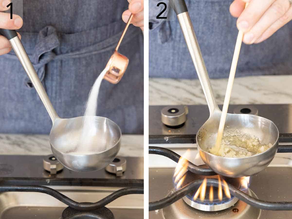 Set of two photos of sugar added to a metal ladle and melted.
