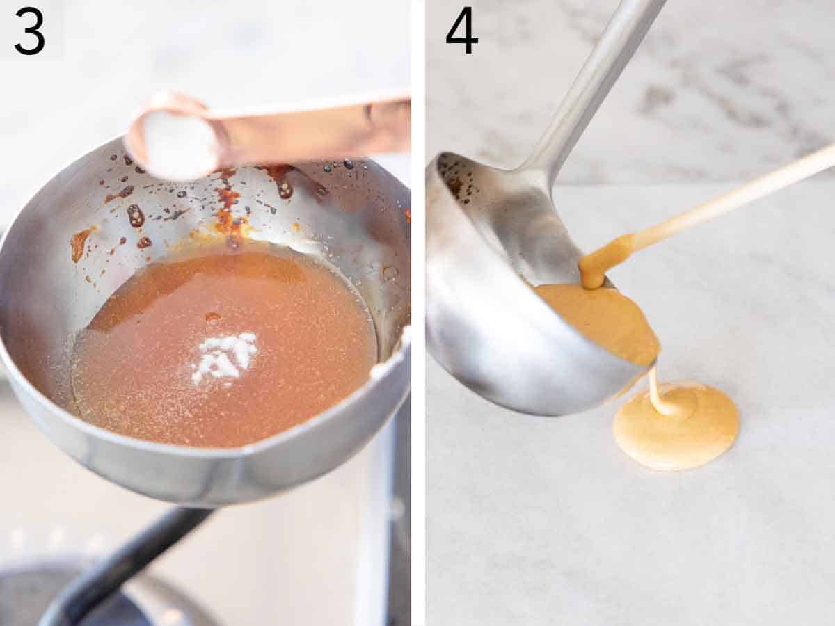 Set of two photos showing baking soda added to the melted sugar then poured onto parchment.