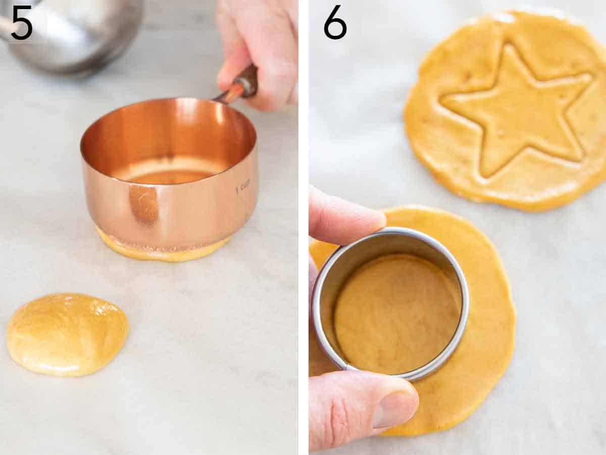 Set of two photos showing the candy pressed down by a measuring cup then a cookie cutter pressed on top.