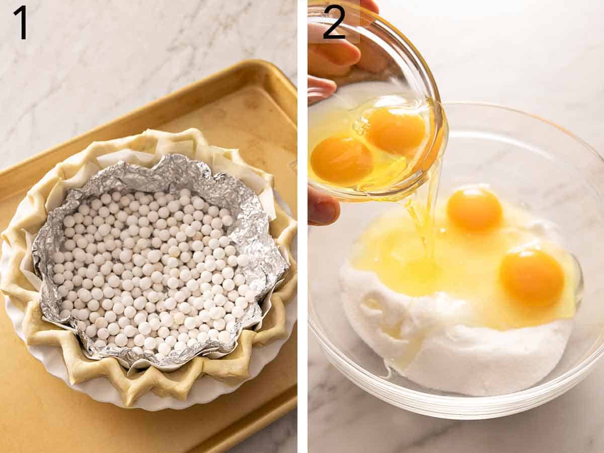 Set of two photos showing a crust being blind baked and eggs added to sugar.