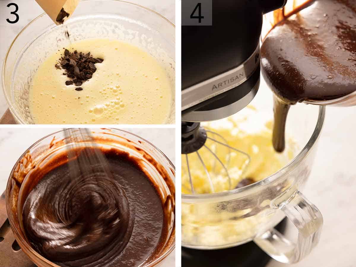 Set of three photos showing chocolate added and mixed before adding to the mixer.