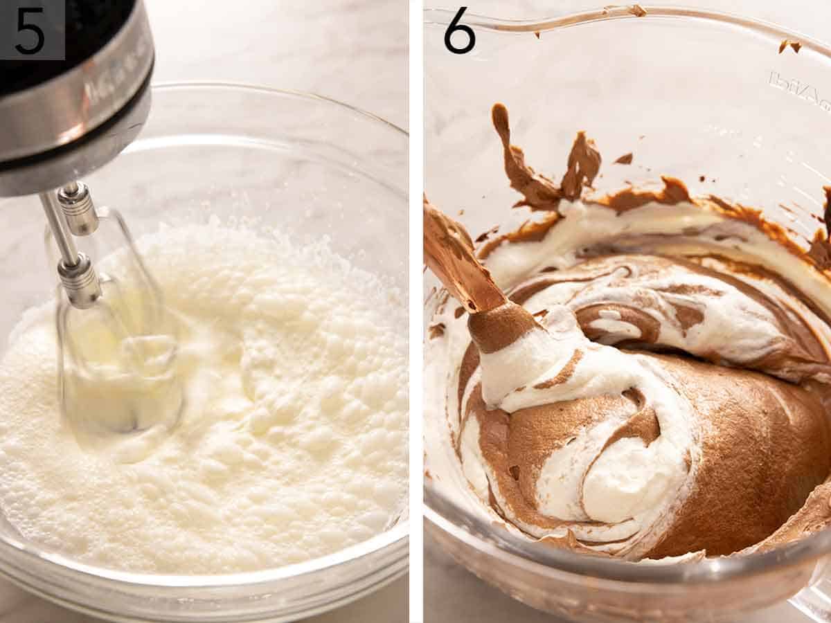 Set of two showing cream whipped and folded into the chocolate mixture.