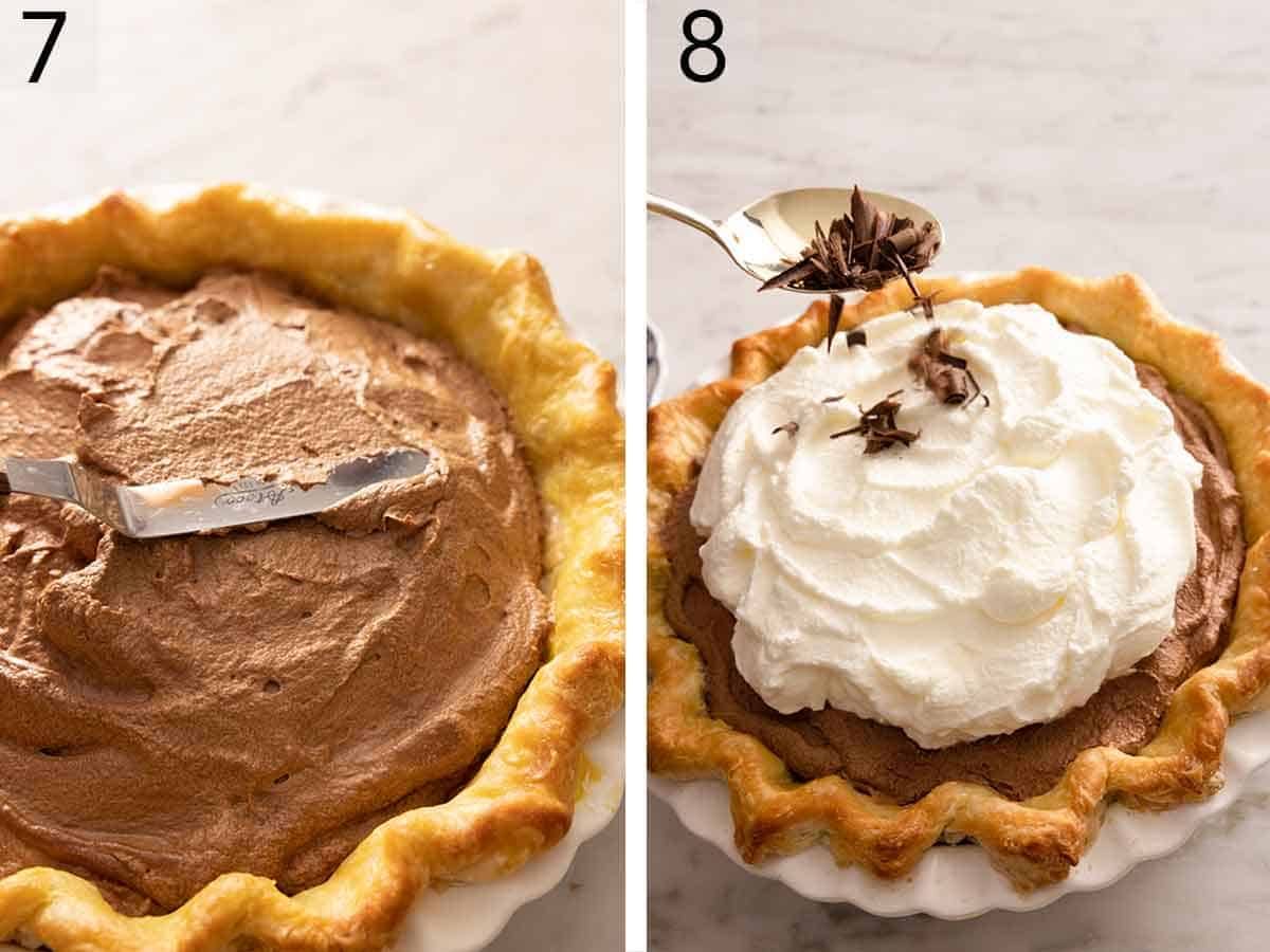 Set of two showing pie filling added to a crust then topped with whipped cream and chocolate curls.