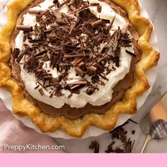 Pinterest graphic of an overhead view of a French silk pie.